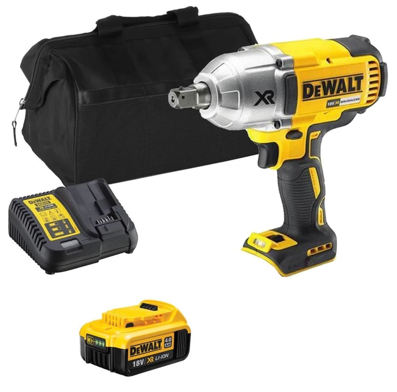 مفتاح ربط صدمي Dewalt DCF899 بجهد 18 فولت (سلسلة XR) ومحرك بدون فرش ومقبض 1/2 بوصة، مع بطارية واحدة (4.0 أمبير-ساعة) وشاحن.